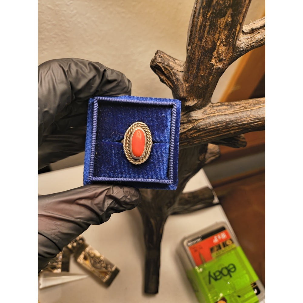 Vintage Native American Large Red Coral Sterling Silver Ring